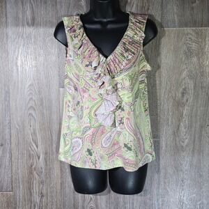 Talbots‎ Petites Sleeveless Paisley Ruffle V Neck Top Women's M